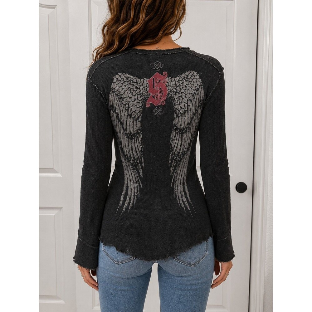 Sinful Angel Wings Thermal Top Womens Long Sleeve Faded Black Grunge Y2K - Picture 2 of 5